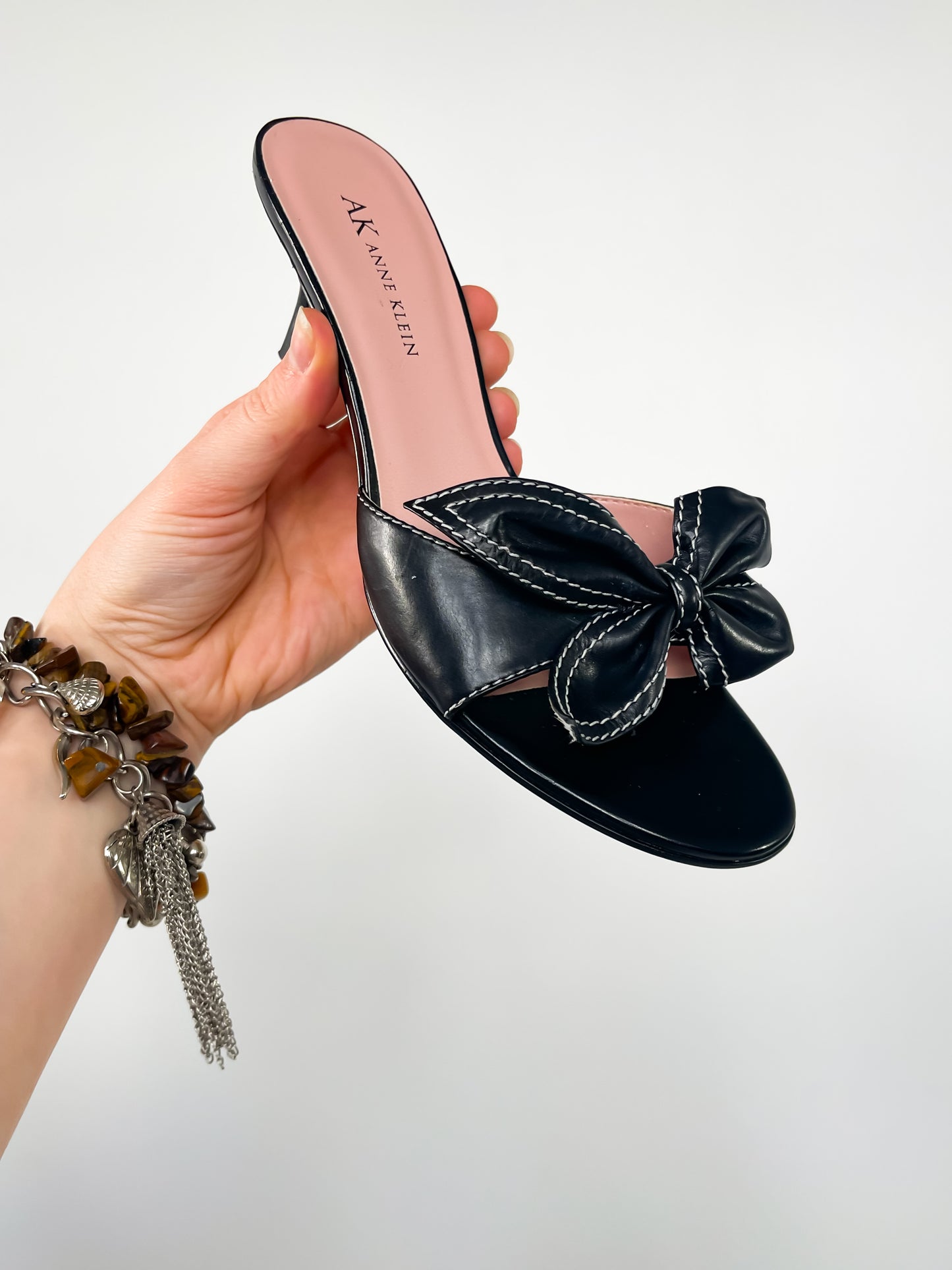 Anne Klein Black Leather Bow Kitten Heel Sandals