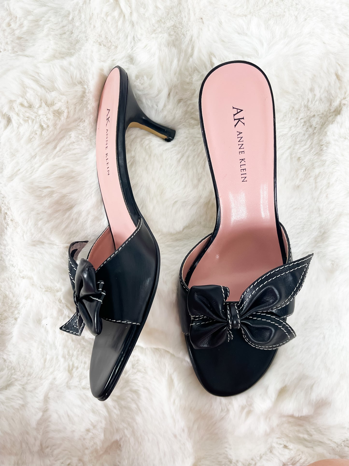 Anne Klein Black Leather Bow Kitten Heel Sandals