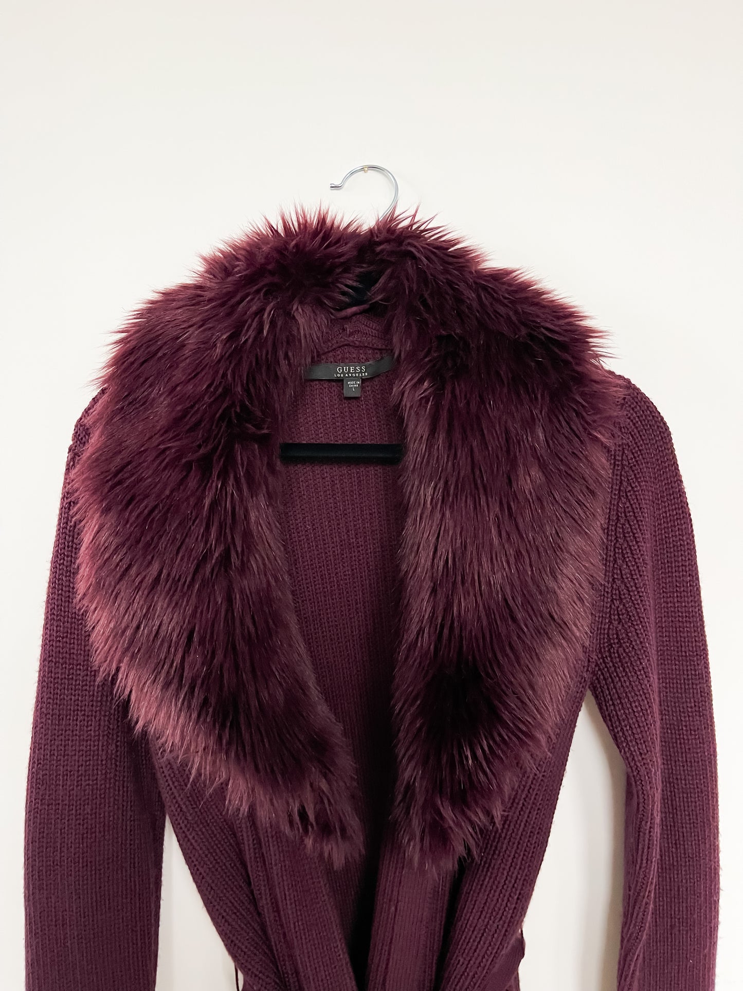 Guess Fur Collar Cardigan in Eggplant