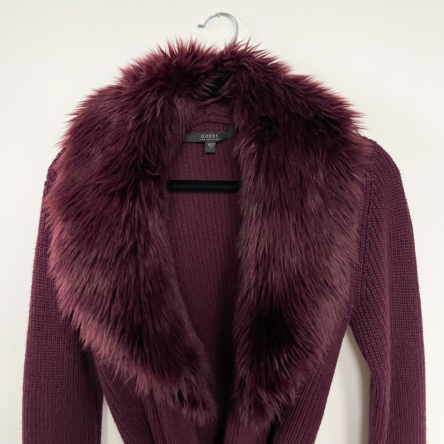 Guess Fur Collar Cardigan in Eggplant