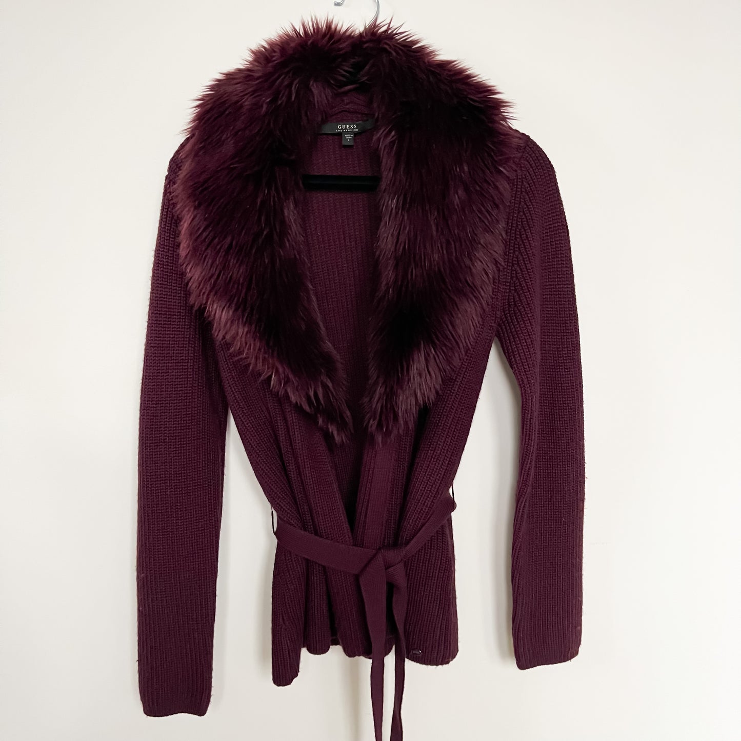 Guess Fur Collar Cardigan in Eggplant