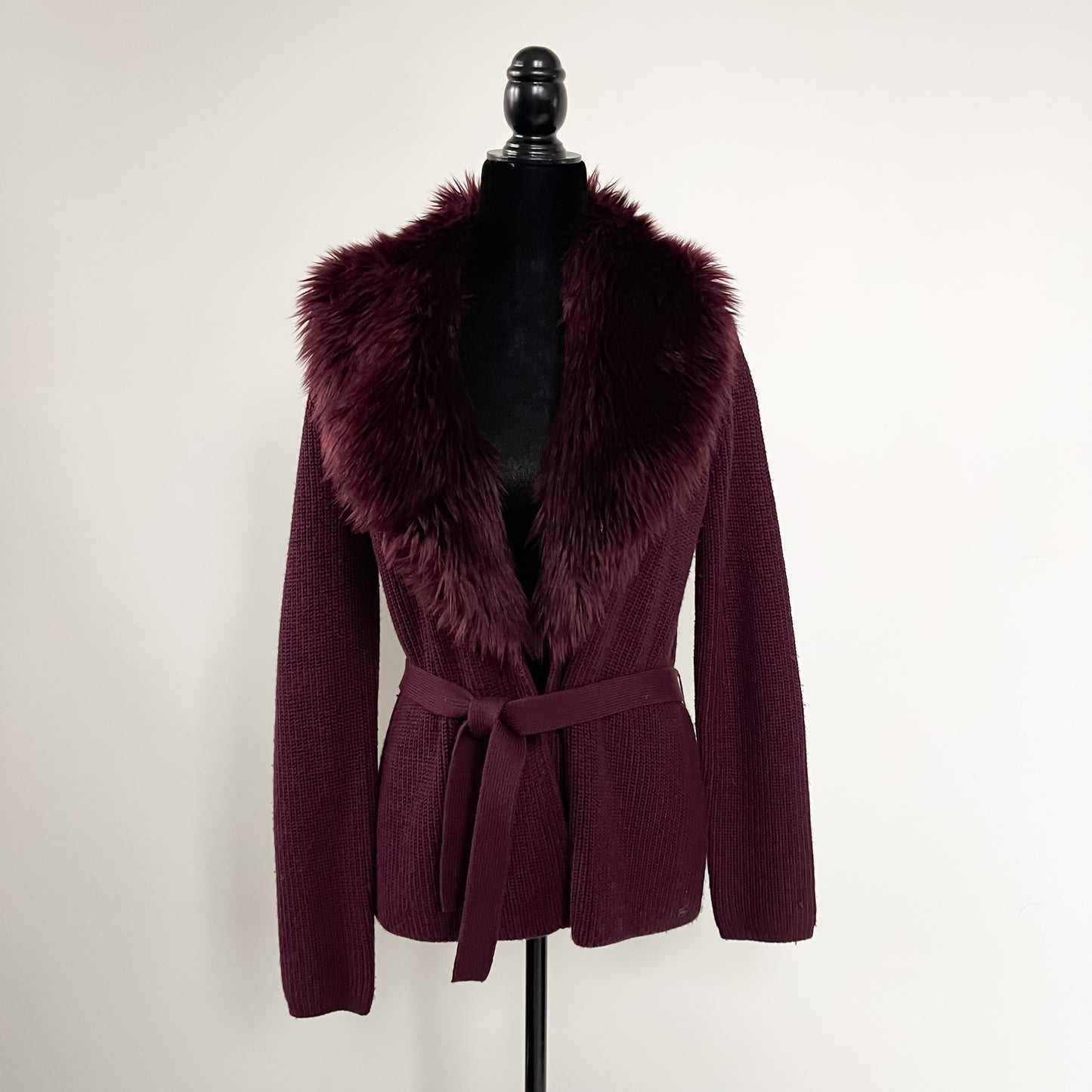 Guess Fur Collar Cardigan in Eggplant