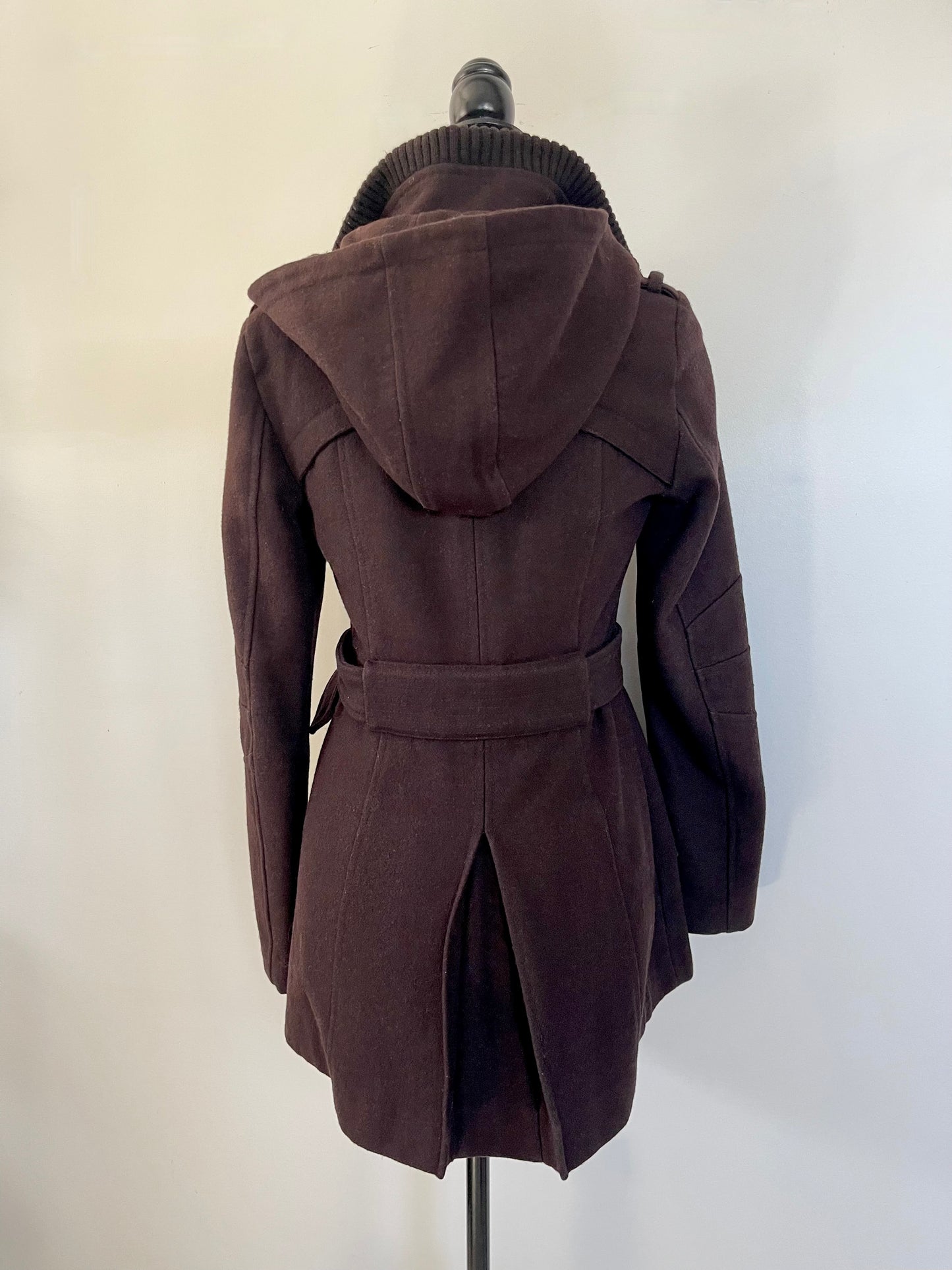 Brown Vintage Y2K Miss Sixty Hooded coat on a mannequin against a white background
