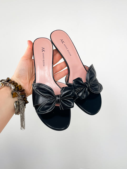 Anne Klein Black Leather Bow Kitten Heel Sandals