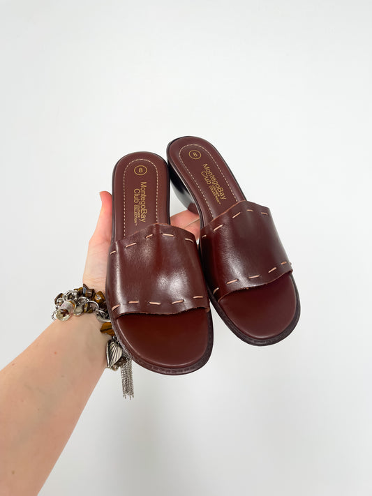 Montego Bay Leather Wedge Slide Sandals in Chestnut Brown