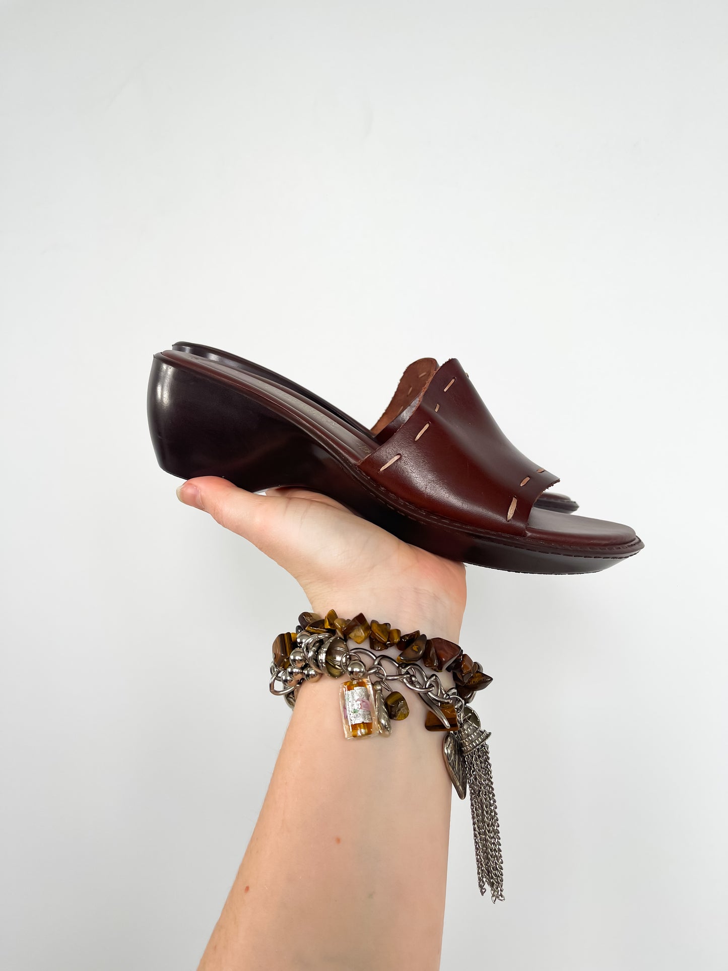 Montego Bay Leather Wedge Slide Sandals in Chestnut Brown