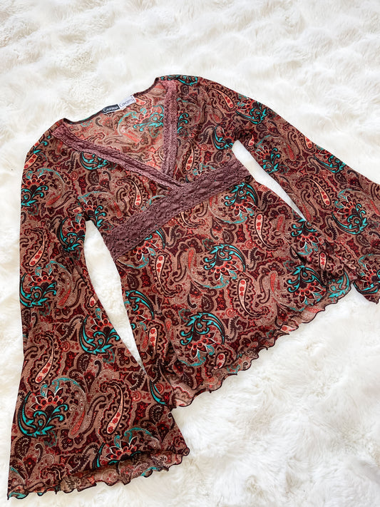Vintage Y2K Paisley Flare Sleeve Top