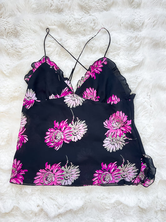 Vintage Ruffle Tank Top in Pink Florals