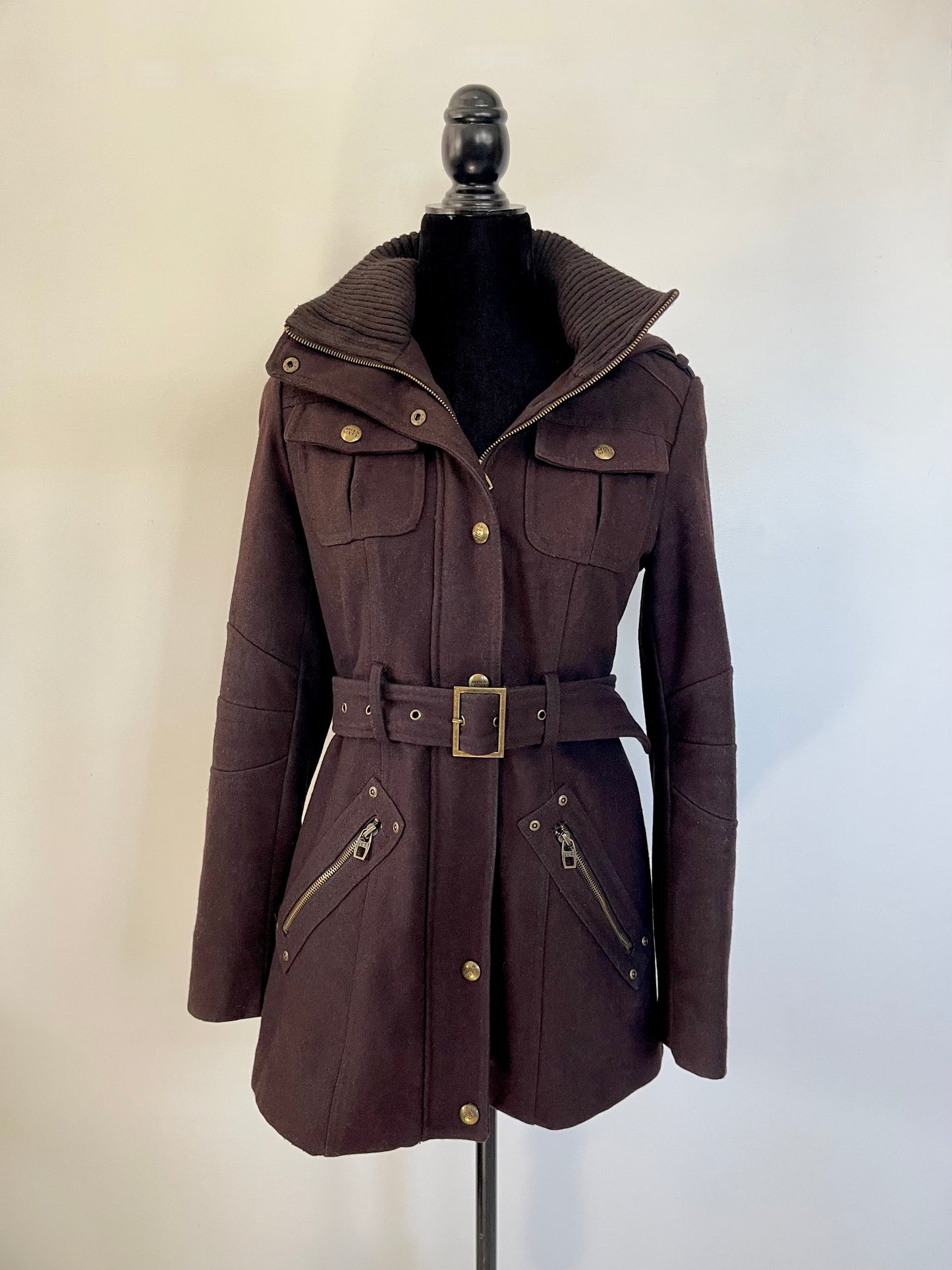 Brown vintage Y2K Miss Sixty Hooded coat on a mannequin against a plain background. Size extra small