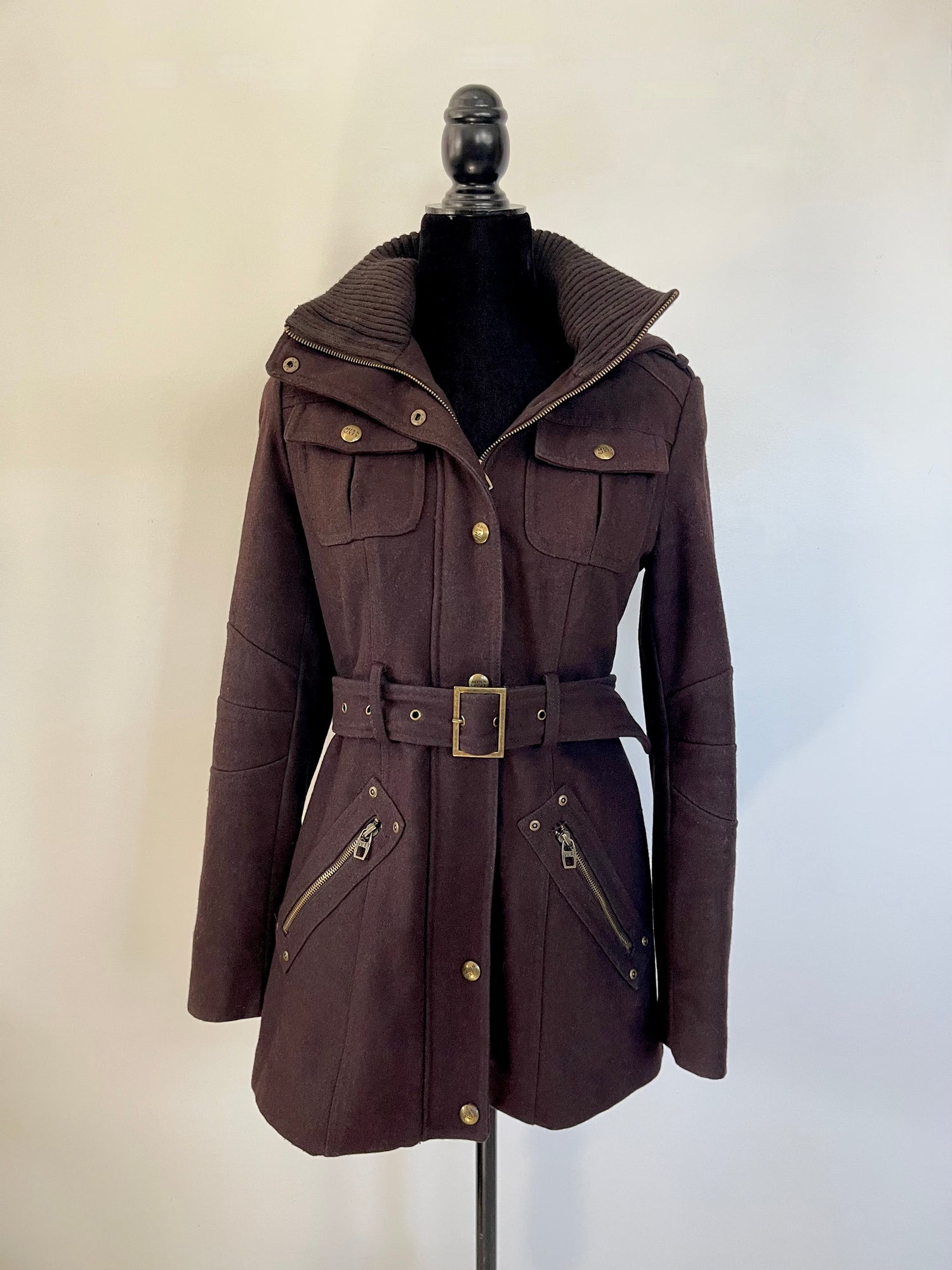 Brown vintage Y2K Miss Sixty Hooded coat on a mannequin against a plain background. Size extra small