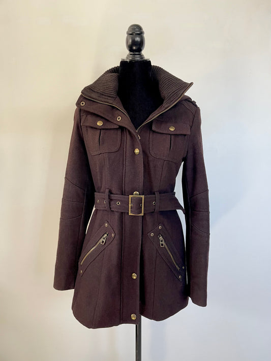 Brown vintage Y2K Miss Sixty Hooded coat on a mannequin against a plain background. Size extra small