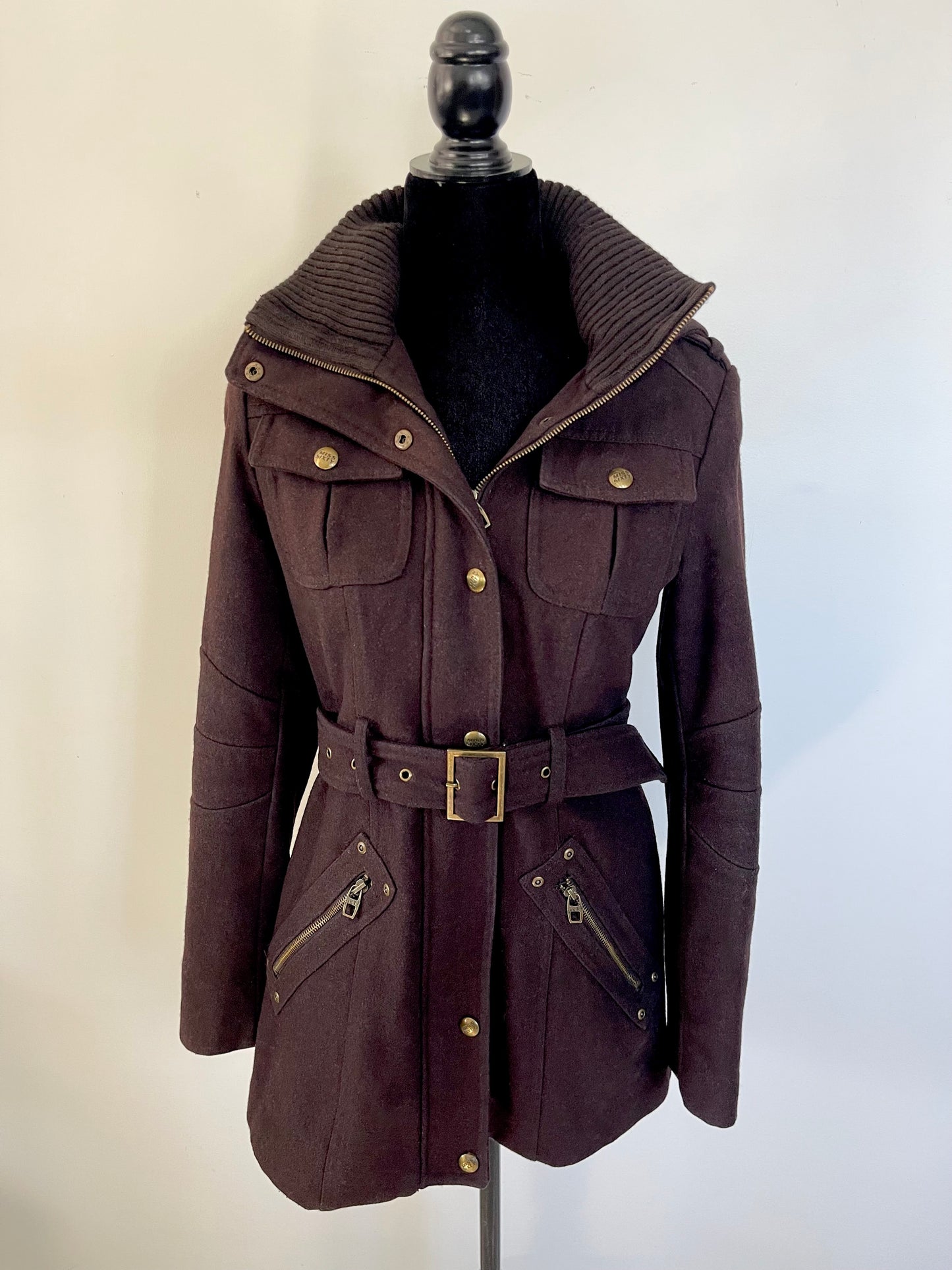 Brown vintage Y2K Miss Sixty Hooded coat with a belt on a mannequin against a white background