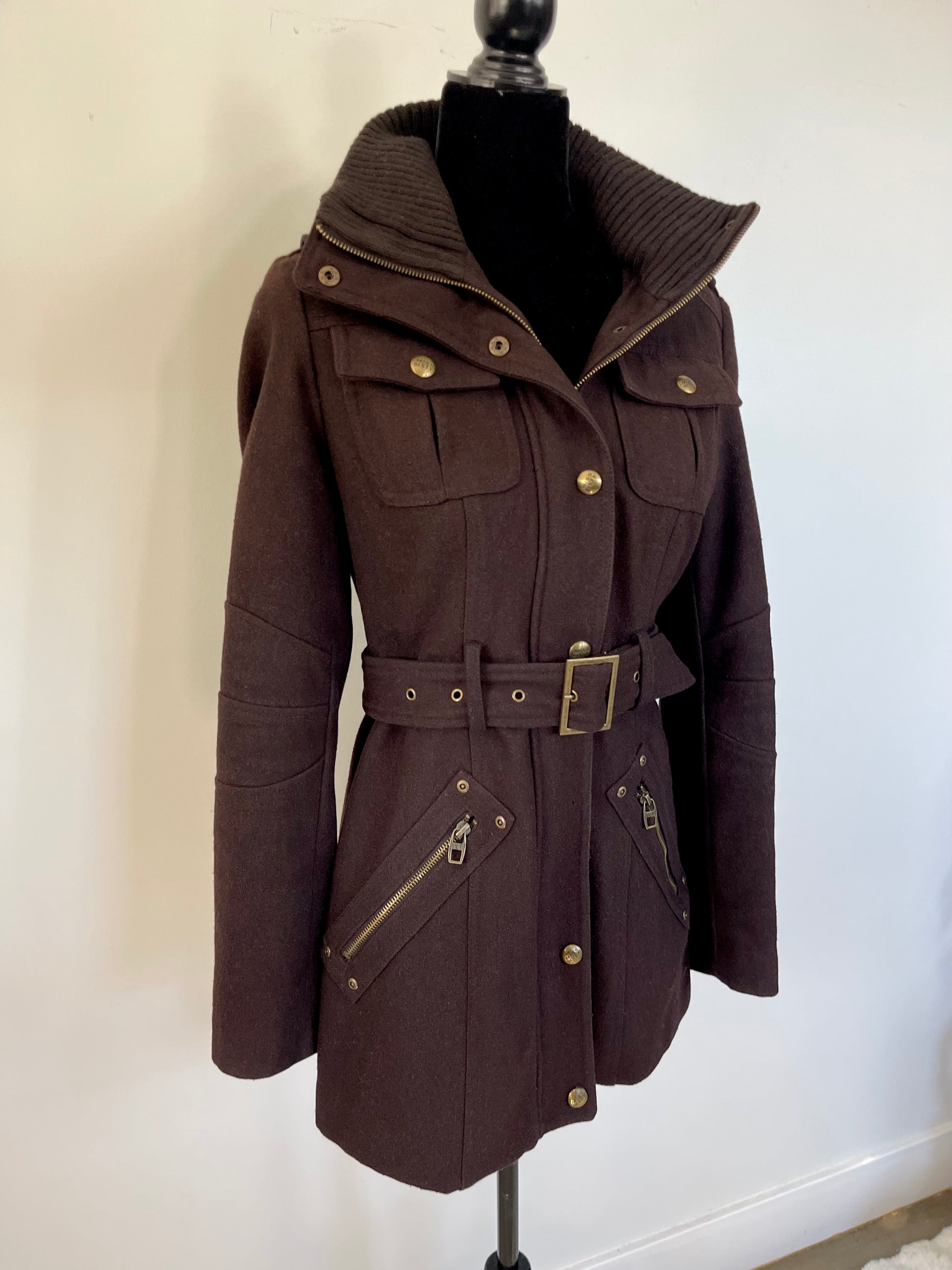 Brown vintage Y2K Miss Sixty Hooded coat on a mannequin against a plain background