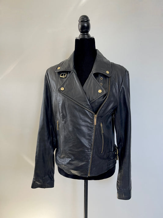Black leather Vintage Y2K Victoria's Secret Leather Motorcycle Jacket on a mannequin against a white background